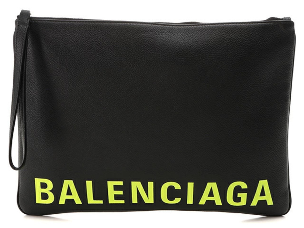 Balenciaga Cash Handle Pouch L Clutch Bag Leather Black Yellow